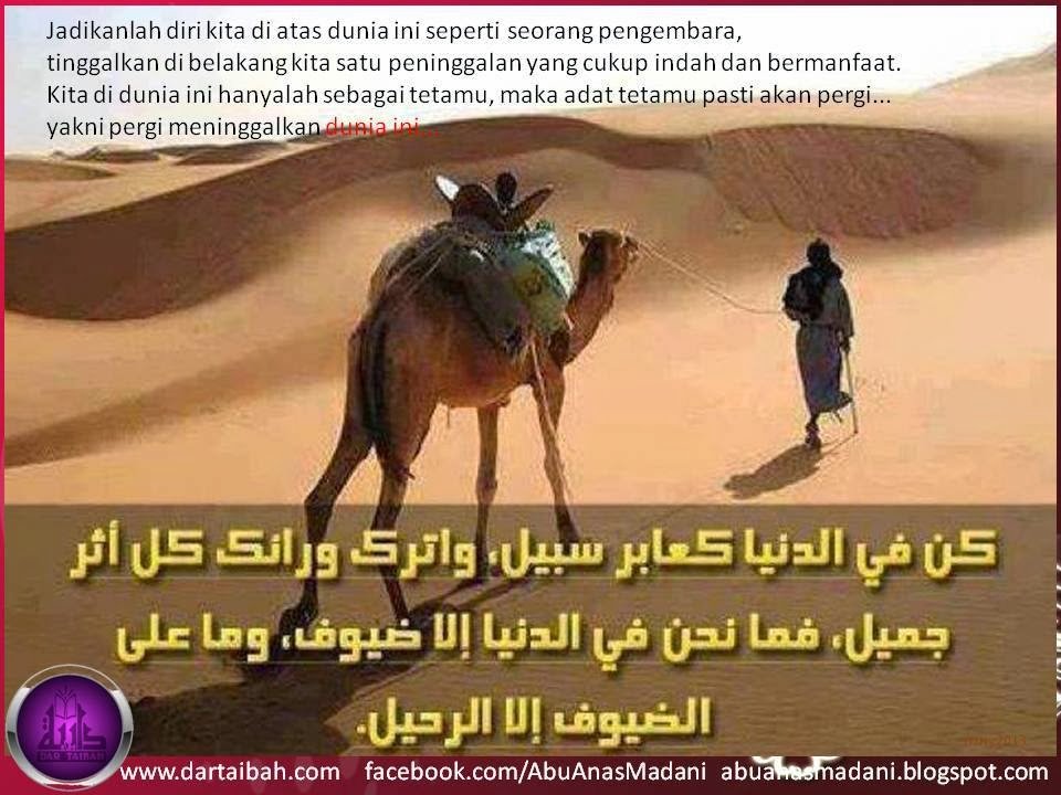 Poster seorang musafir menuntun unta di padang pasir dengan kata hikmah supaya hidup di dunia seperti seorang pengembara