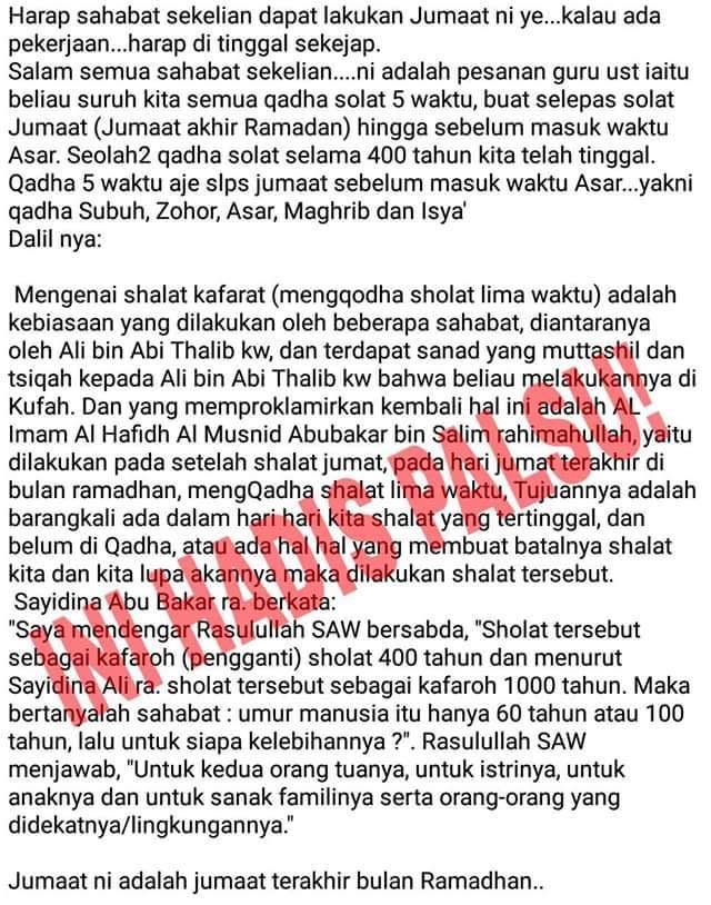 Tangkapan layar mesej tular tentang solat qada kaffarah lima waktu selepas solat Jumaat terakhir Ramadan, ditanda palsu