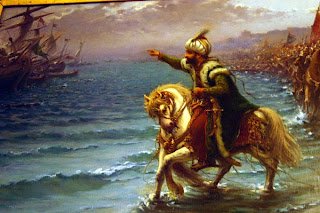 Lukisan Sultan Muhammad al-Fatih menunggang kuda di tepi laut ketika pengepungan Konstantinopel
